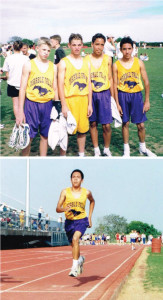 (Top) From left to right: Caleb Rice, Jerrad Ince, Eric Sanchez, and Leo Manzano in 2002 after 4x400 Mile Relay in eighth grade. (Bottom) Eighth grader Leo Manzano finishes the mile.