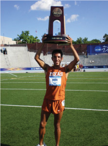 Manzano holds the 2008 National Championship team trophy in Des Moines, Iowa.   (Bottom) Eighth grader Leo Manzano finishes the mile.