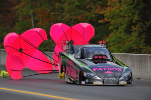 In honor of Breast Cancer Awareness month, DeJoria debuted her pink Tequila Patrón hot rod at a race earlier this month