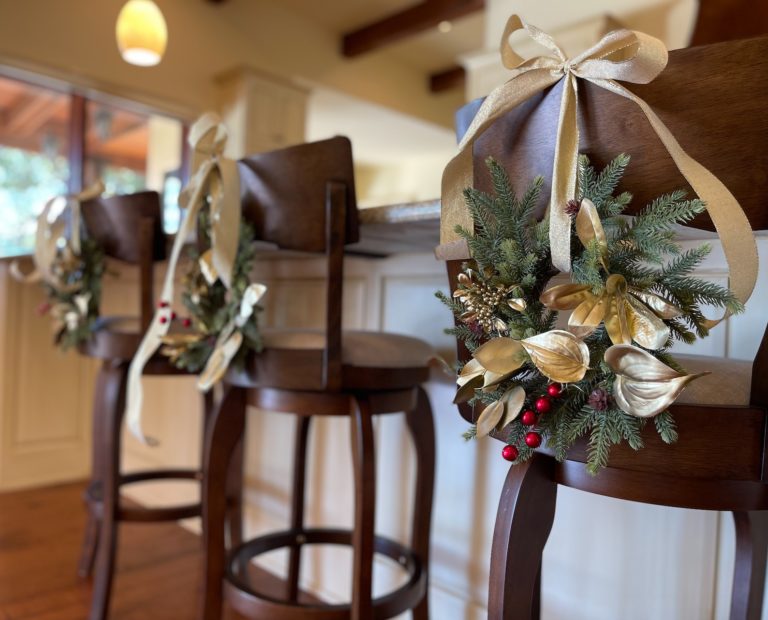 Chairs decorated for the holidays.