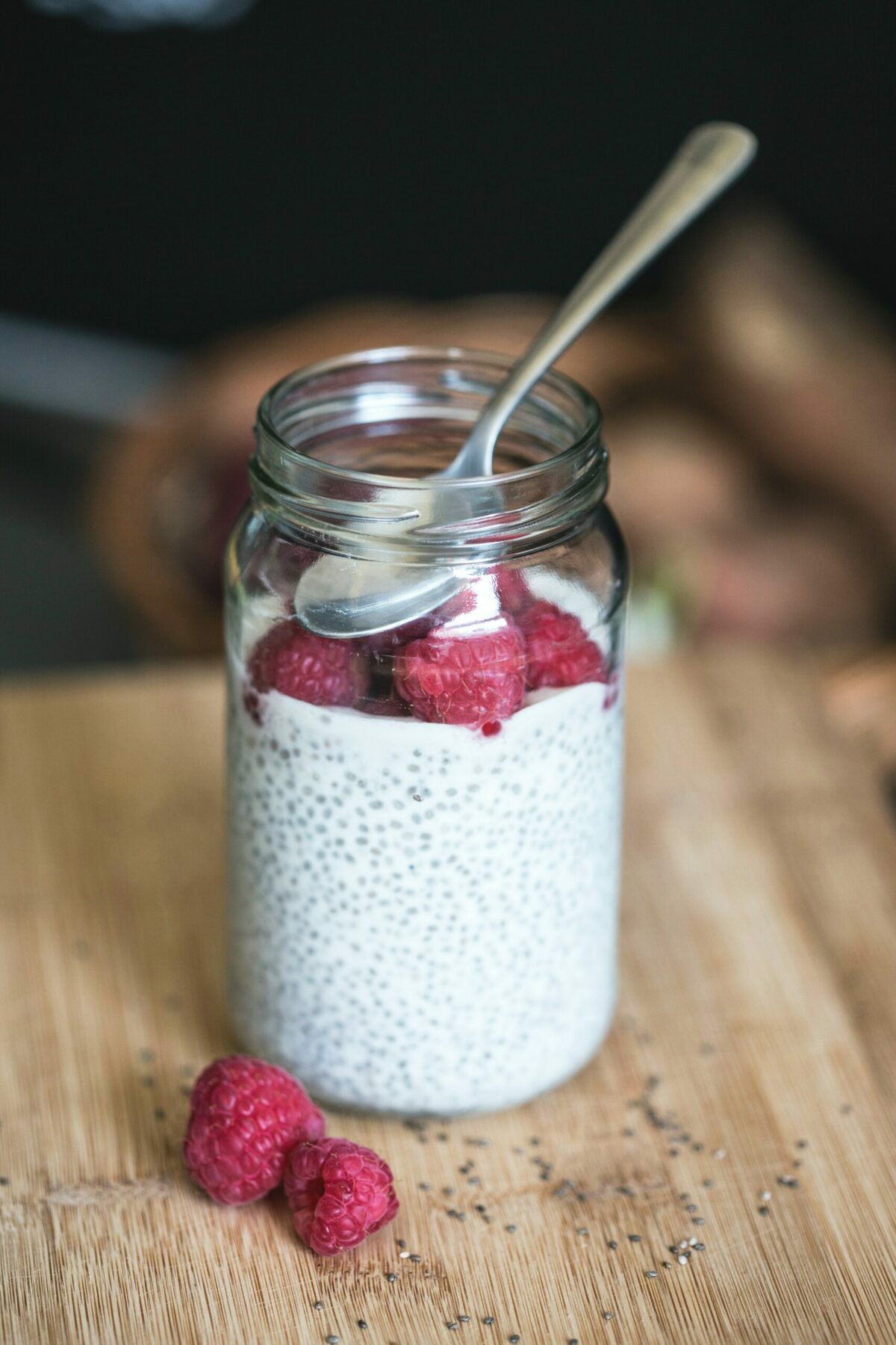 A jar of chia seed pudding.