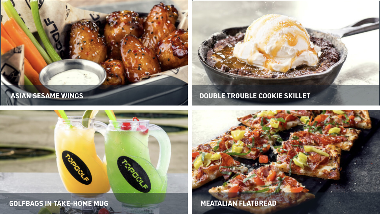 Asian Sesame Wings, Meatalian Flatbread, Double Trouble Cookie Skillet, Golfbags in Take-Home Mug.