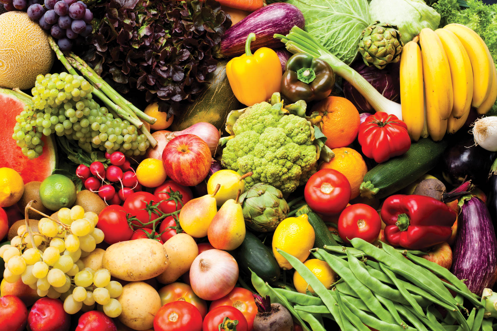 Assortment of fruits and vegetables.