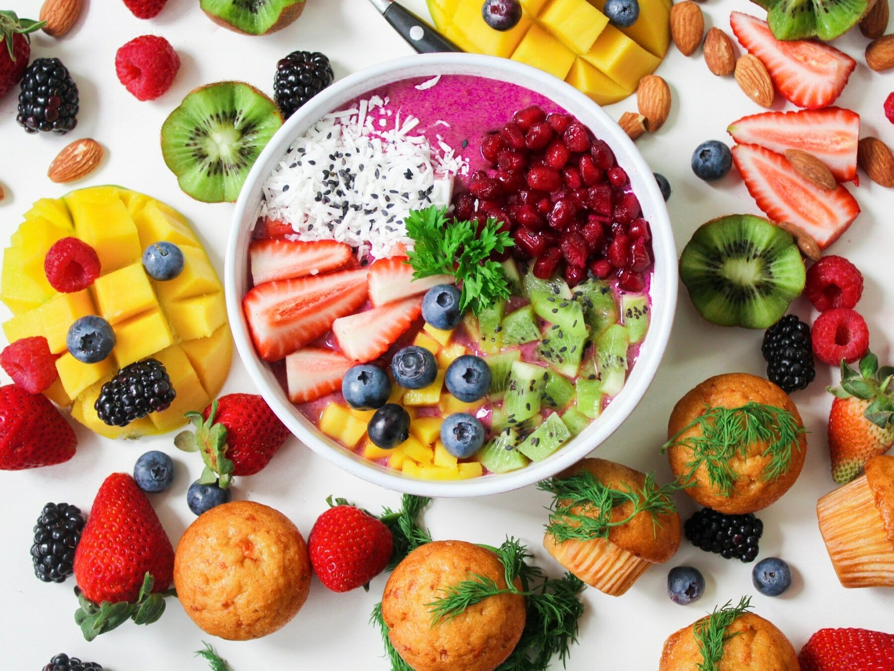 Assorted fruits in a bowl.
