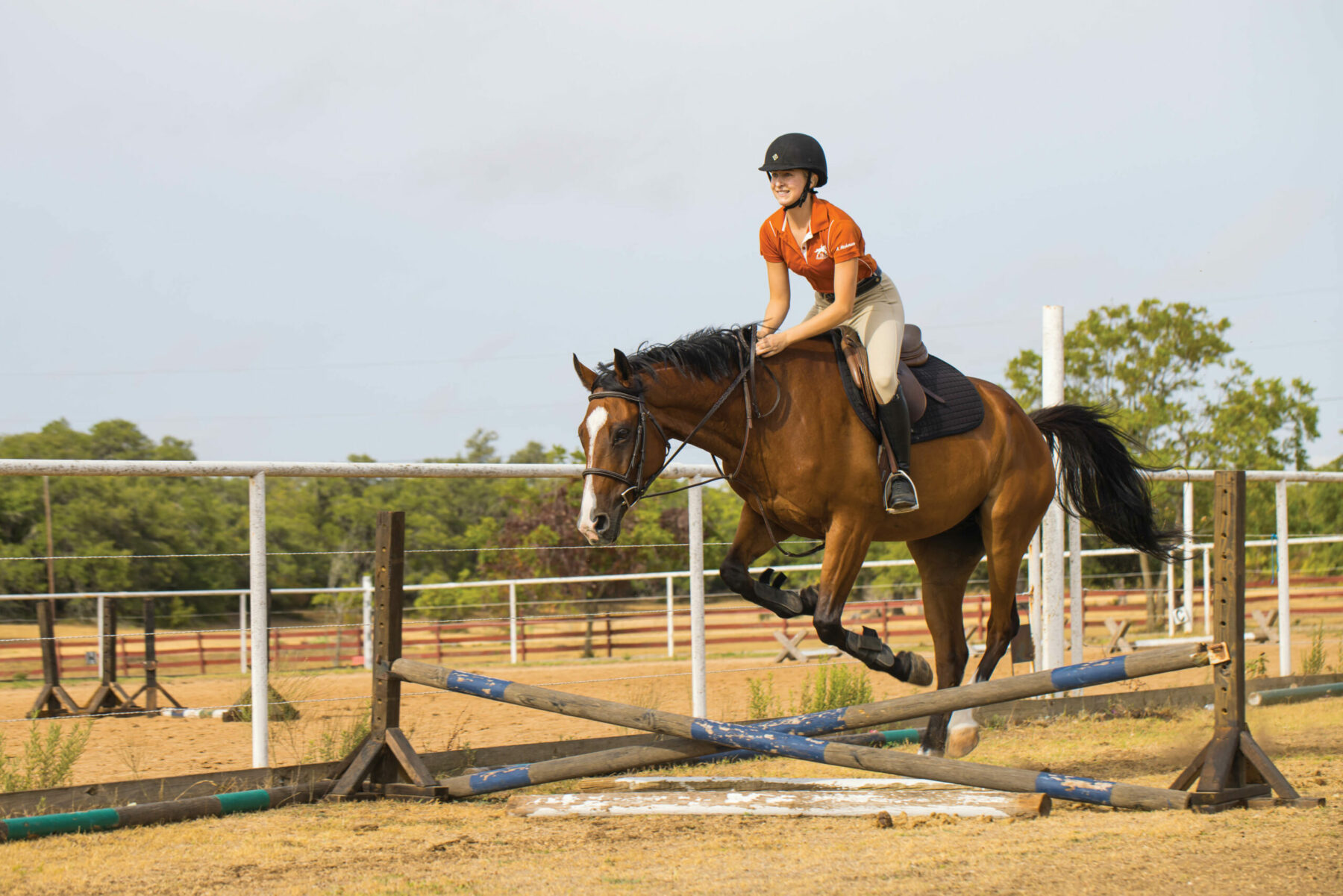 Girl riding horse while jumping.